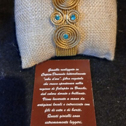 Bracciale rigido oro vegetale capim dourado  cristallo azzurro
