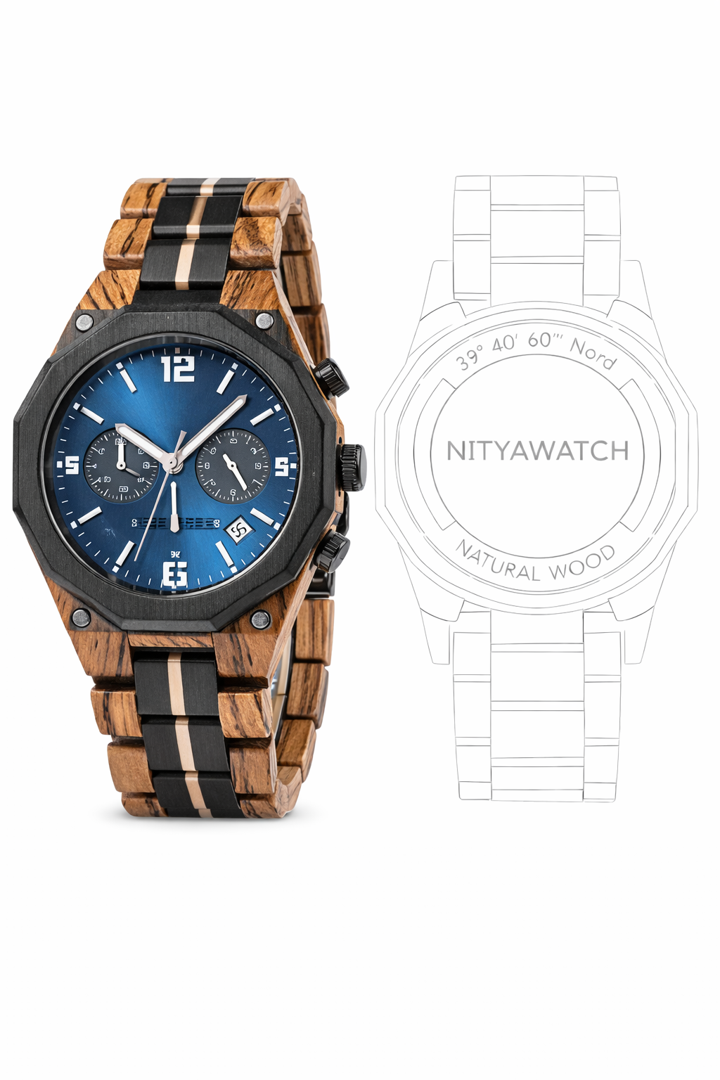 Orologio legno di Zebrano, Ebano e Acciaio Diamante blu 3 atm