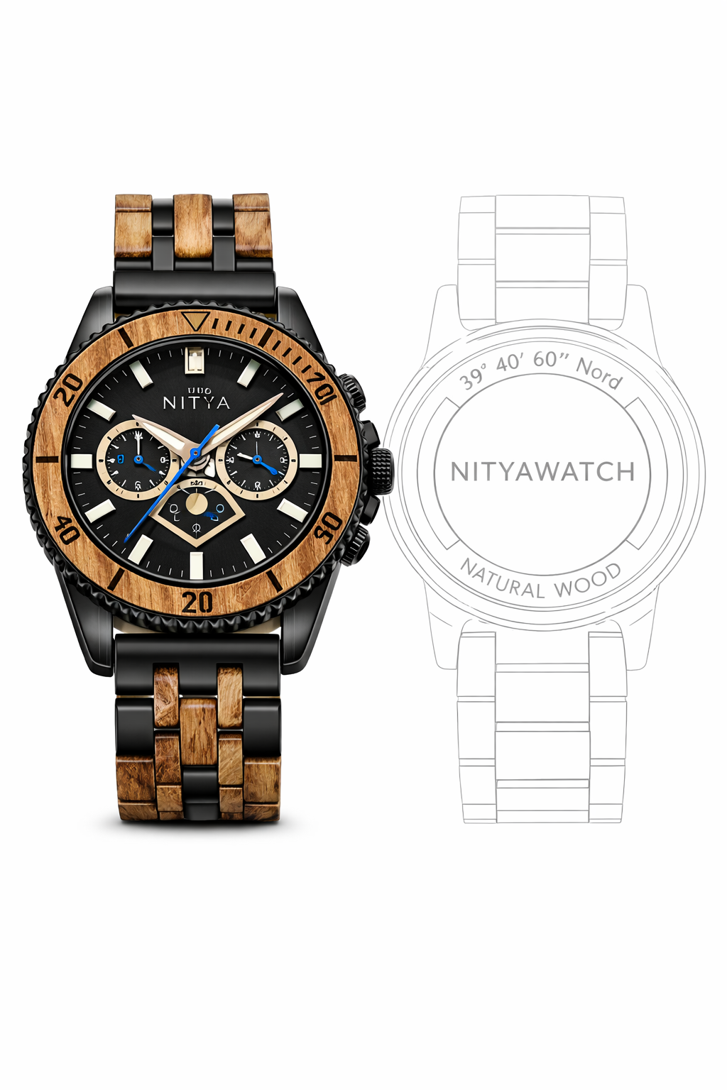 Orologio legno di Quercia e Acciaio Diamante Deep Sea Black 3 atm