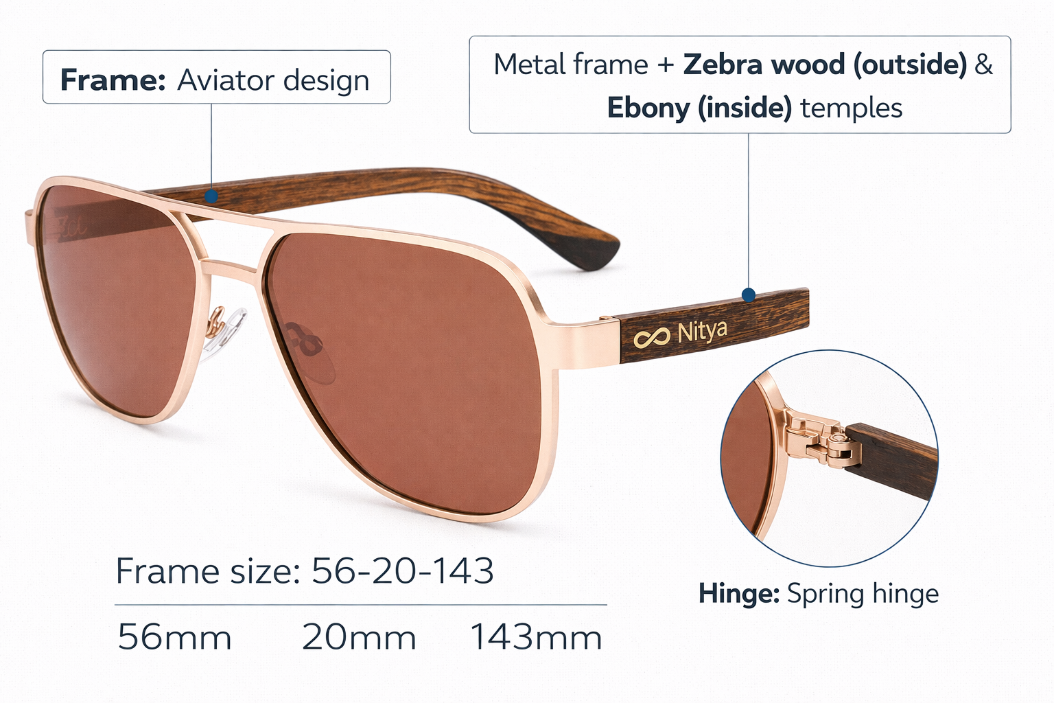 Occhiale NityaGlasses Aviator Metallo e legno Zebra ed Ebano
