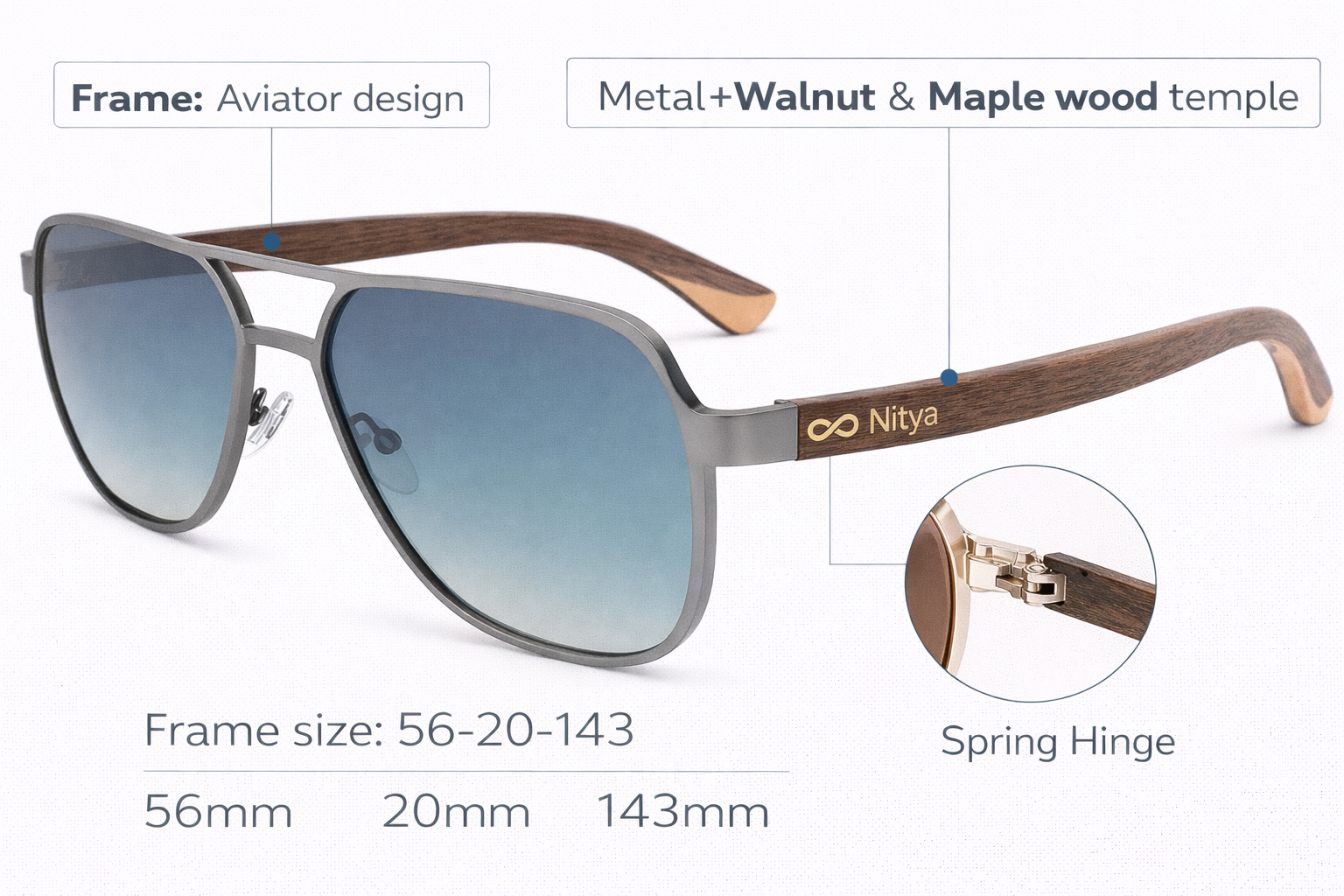 Occhiale NityaGlasses Aviator Metallo e legno Zebra ed Ebano - immagine 4