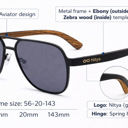Occhiale NityaGlasses Aviator Metallo e legno Ebano Zebra