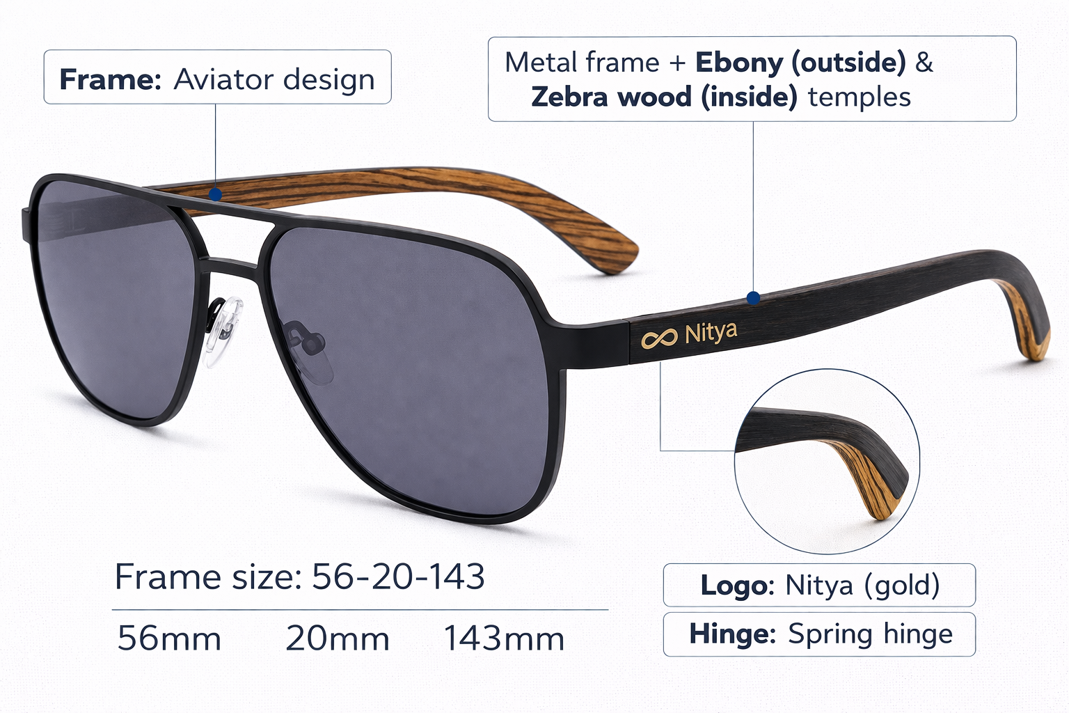 Occhiale NityaGlasses Aviator Metallo e legno Zebra ed Ebano - immagine 2